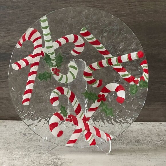 Vintage Anne C Ross Signed Red Green Candy Canes Fused Glass 10" Round Plate - Picture 1 of 5